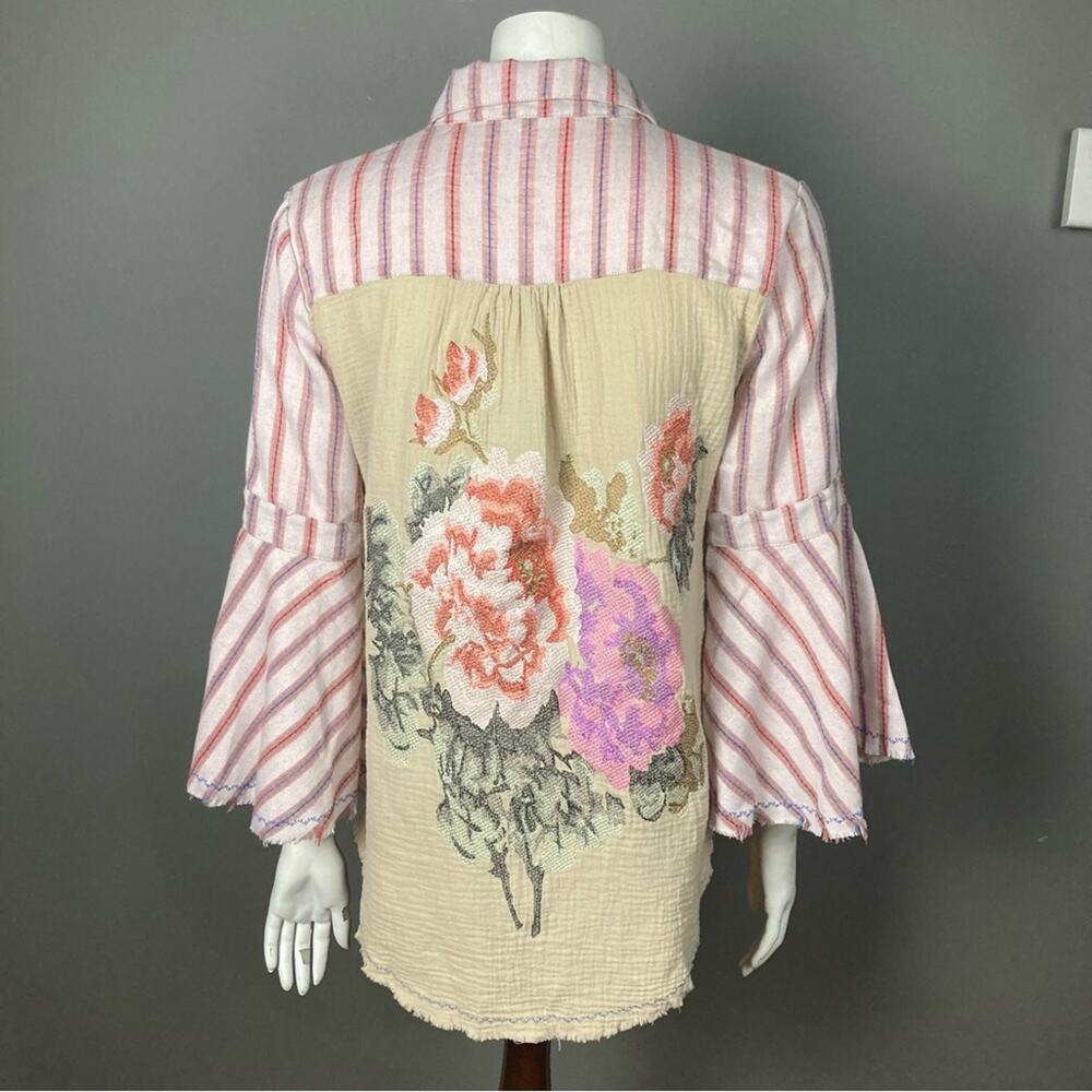 Aratta‎ Silent Journey top shirt small striped embroidery bell cuff floral